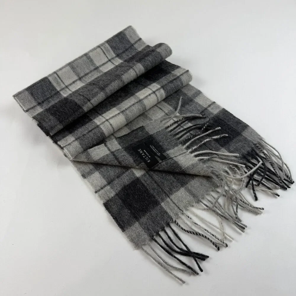 Kiltane Of Scotland  Lambswool Fringe Scarf Black Grey Plaid 11 x 62 Preppy